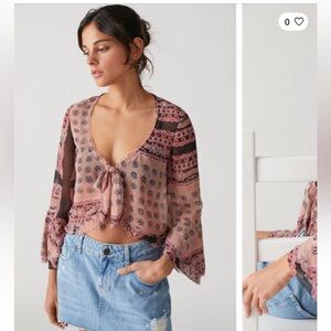 Urban Outfitters Pink and Red Bell Sleeve Crop Blouse